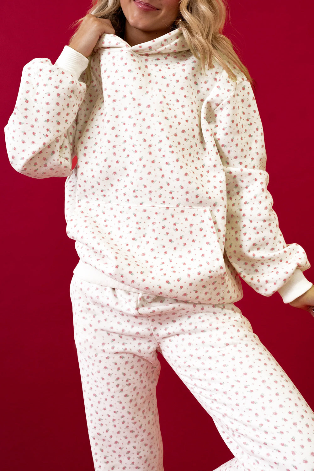 Pink floral print two-piece hoodie and sweatpants set by Dear-Lover with kangaroo pocket and sheath style for women.