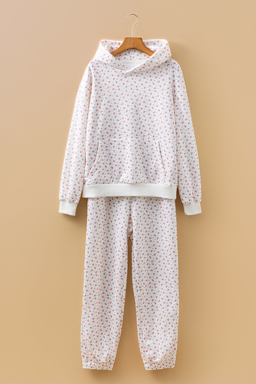 Pink floral print hoodie and sheath sweatpants set by Dear-Lover, featuring kangaroo pocket and comfortable two-piece design.