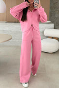 Pink solid color zip-up hoodie and loose pants two-piece set by Dear-Lover, made of polyester, viscose, and elastane.