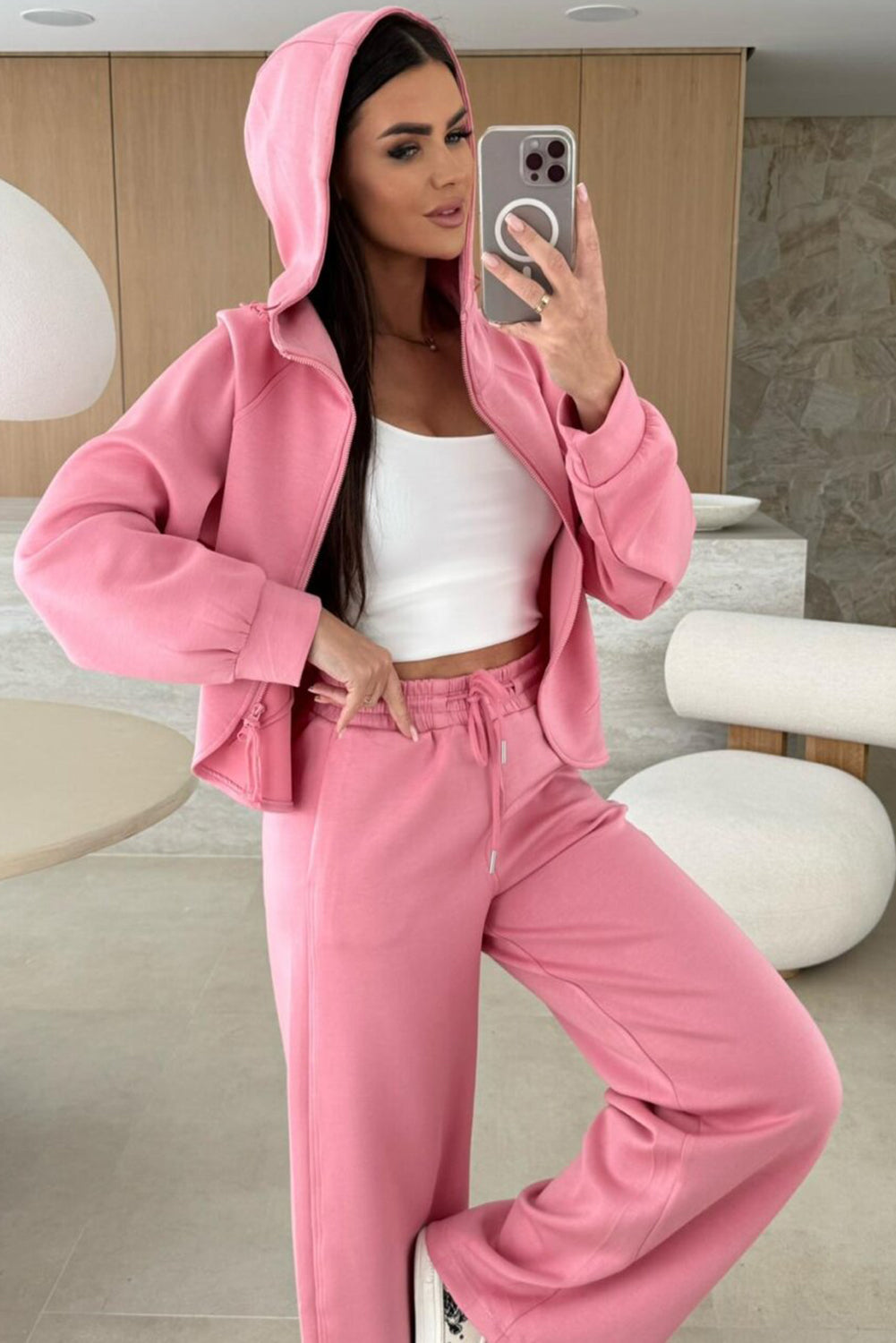 Pink solid color zip-up hoodie and loose pants set by Dear-Lover, made of polyester, viscose, and elastane, casual two-piece outfit.