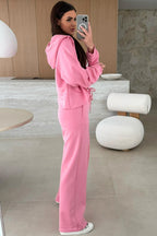 Pink solid color zip-up hoodie and loose pants set by Dear-Lover, made of polyester, viscose, and elastane, two-piece casual outfit.