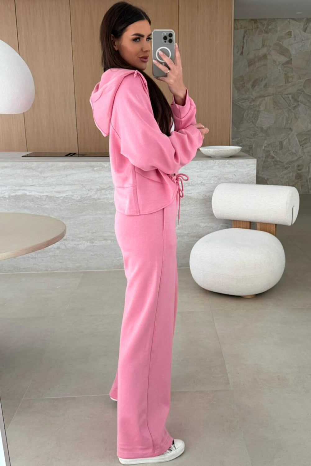 Pink solid color zip-up hoodie and loose pants set by Dear-Lover, made of polyester, viscose, and elastane, two-piece casual outfit.