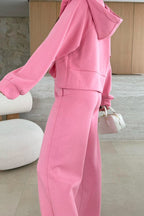 Pink solid color zip-up hoodie and loose pants set from Dear-Lover, casual two-piece outfit with drawstrings and comfortable fit.