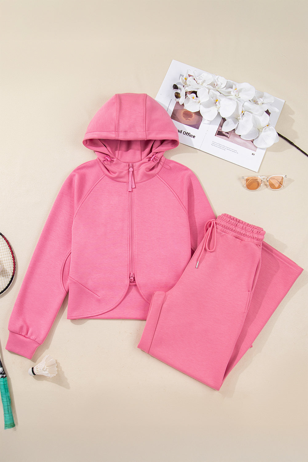 Pink solid color zip-up hoodie and loose drawstring pants set by Dear-Lover, made of polyester, viscose, and elastane for a comfortable fit.