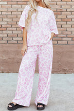 Pink leopard two-piece top and pants set by Dear-Lover, featuring a stylish matching outfit in polyester and elastane.