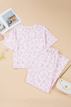 Pink leopard two-piece top and pants set from Dear-Lover, made of polyester and elastane, featuring stylish animal print design.