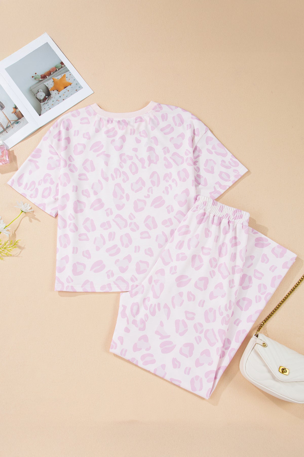 Pink leopard two-piece top and pants set from Dear-Lover, made of polyester and elastane, featuring stylish animal print design.