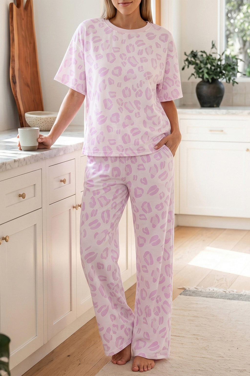 Pink leopard print two-piece top and pants set by Dear-Lover, made of polyester and elastane, casual stylish outfit.