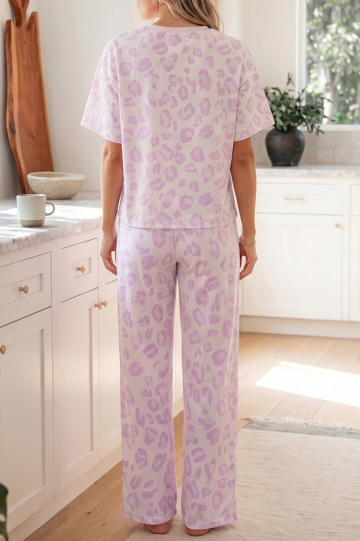 Pink leopard print two-piece top and pants set from Dear-Lover, made of polyester and elastane, casual loungewear.