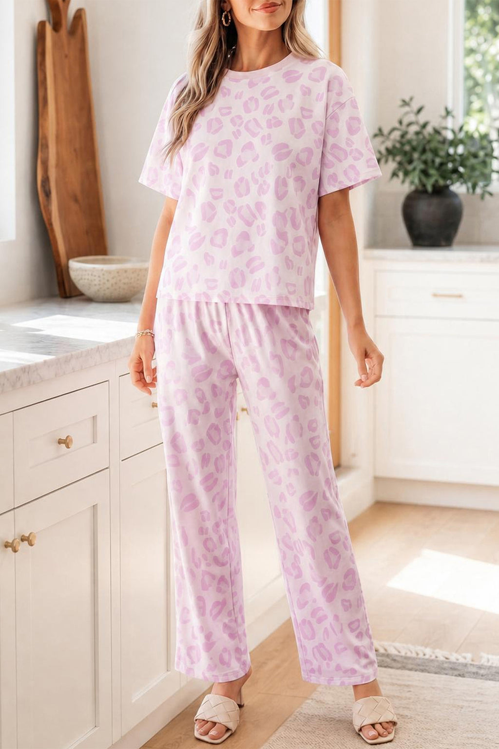 Pink leopard two-piece top and pants set by Dear-Lover, stylish polyester-elastane matching outfit for casual wear.