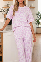 Pink leopard two-piece top and pants set from Dear-Lover, stylish polyester and elastane pant set for women.