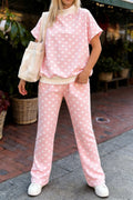 Pink polka dot print two-piece set with mock neck short sleeve top and shift pants from Dear-Lover, made of polyester and elastane.