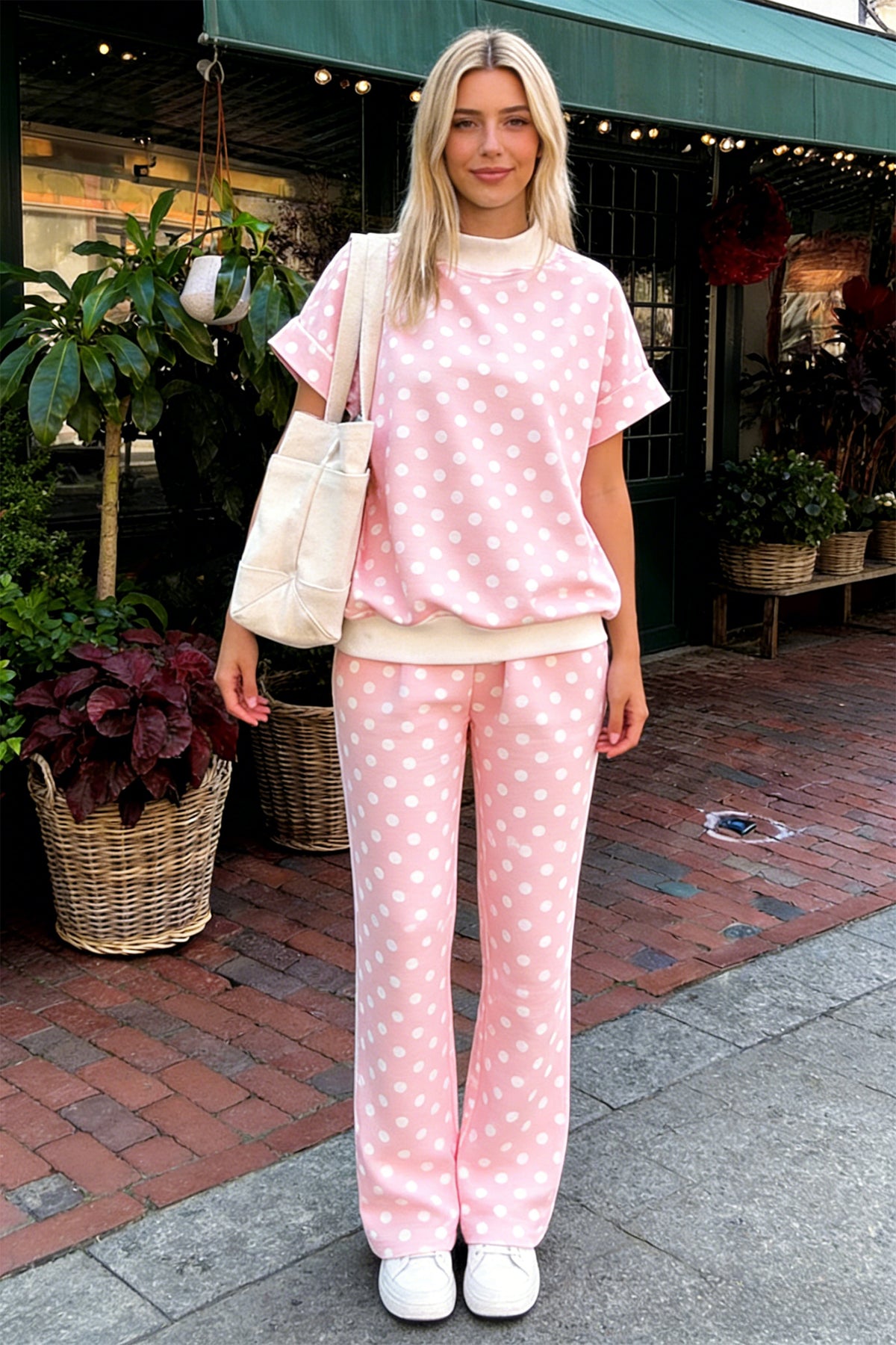 Pink polka dot print two-piece set with mock neck short sleeve top and shift pants by Dear-Lover, polyester blend fabric.