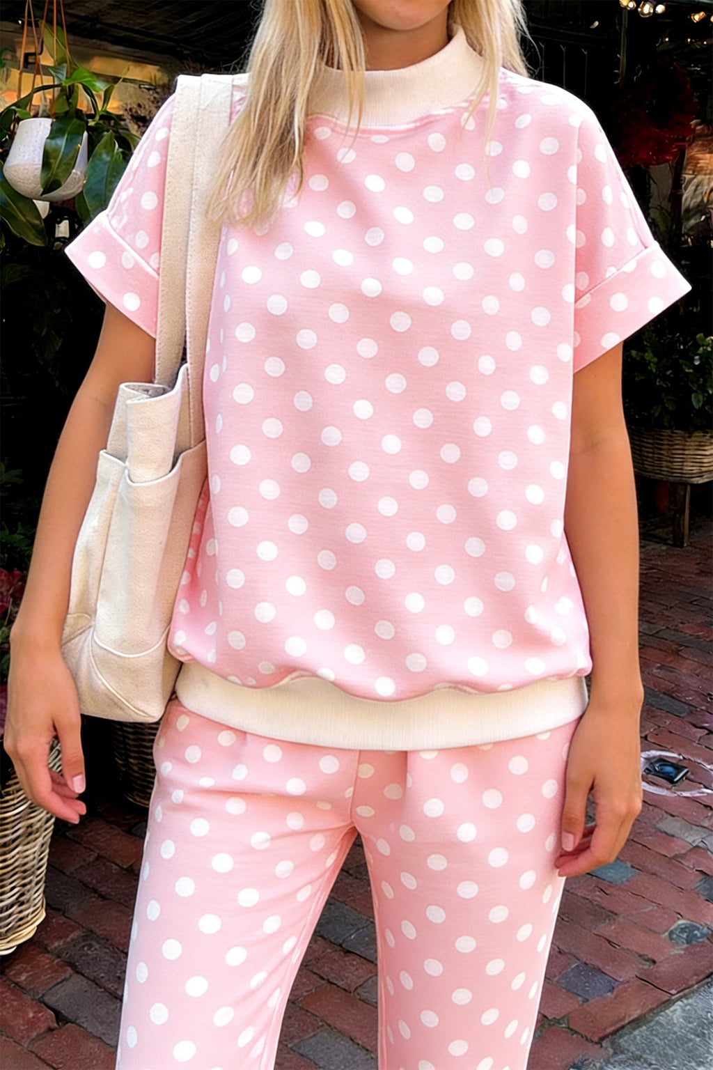 Pink polka dot print mock neck short sleeve top and shift pant set by Dear-Lover, two-piece stylish casual outfit for women.