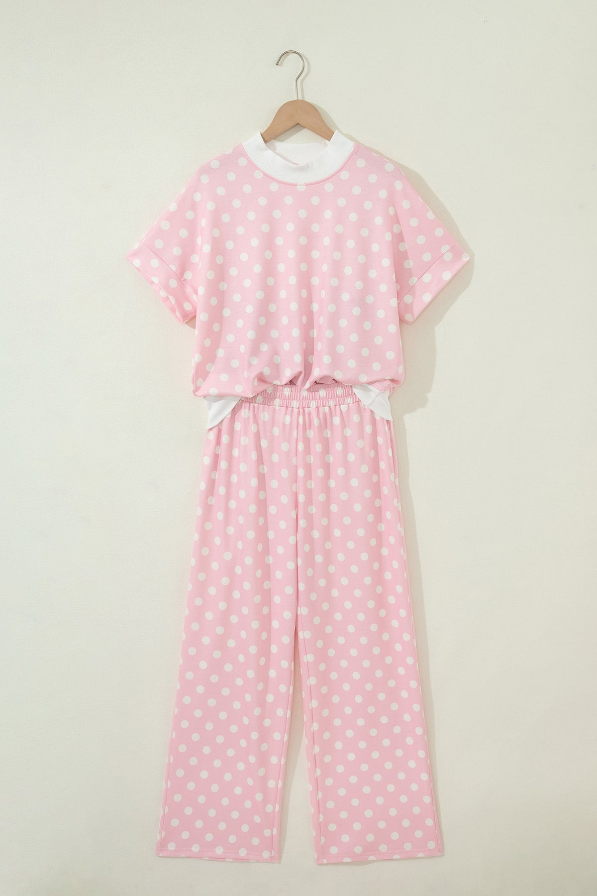 Pink polka dot print mock neck short sleeve top and shift pants set by Dear-Lover, stylish two-piece outfit with polyester and elastane fabric.
