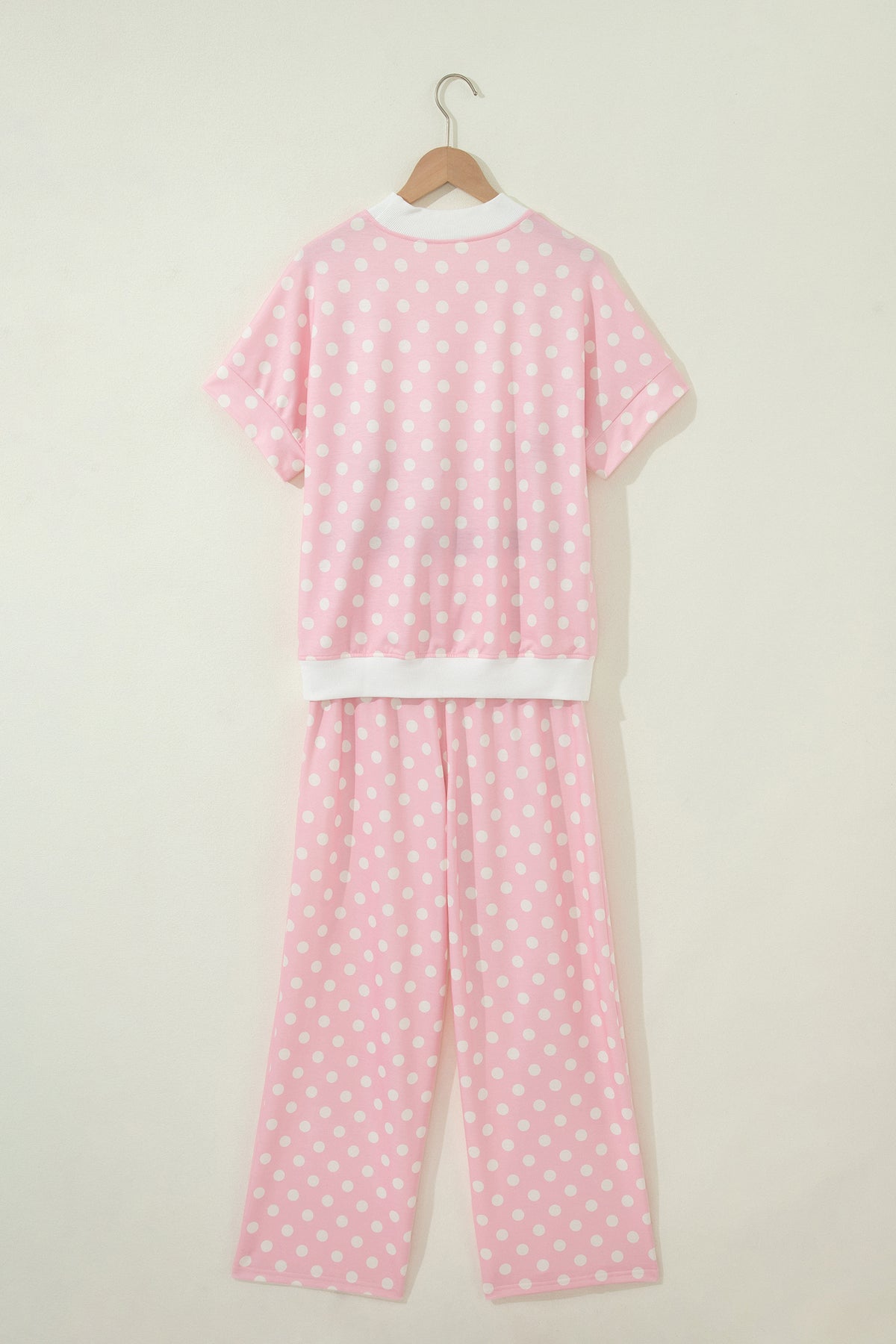 Pink polka dot print two-piece set with mock neck short sleeve top and shift pants from Dear-Lover, made of polyester and elastane.