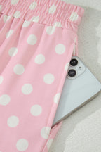 Pink polka dot print mock neck short sleeve top and shift pants set by Dear-Lover, stylish two-piece polyester elastane outfit.