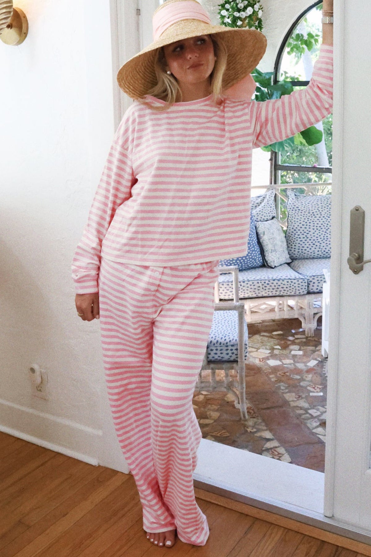 Pink stripe two-piece set with drop shoulder round neck top and buttoned straight pants, made of cotton and elastane, by Dear-Lover.