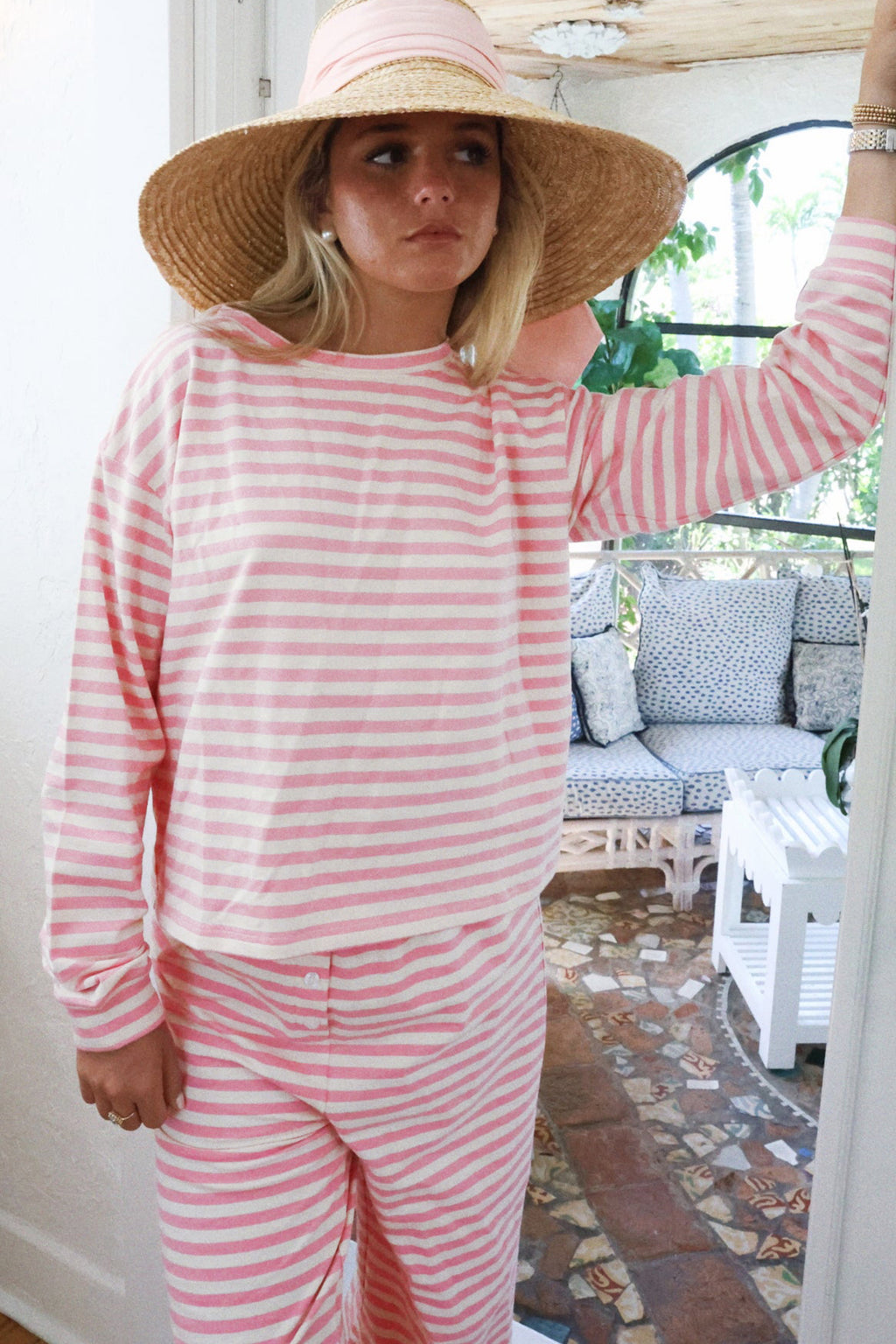 Pink stripe drop shoulder round neck top and buttoned straight pants two-piece set by Dear-Lover, casual cotton and elastane fabric.