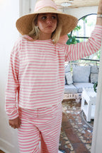 Pink stripe drop shoulder round neck top and buttoned straight pants two-piece set by Dear-Lover, casual cotton and elastane fabric.