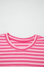 Pink stripe two-piece set with drop shoulder round neck top and straight buttoned pants, made of cotton and elastane, by Dear-Lover.