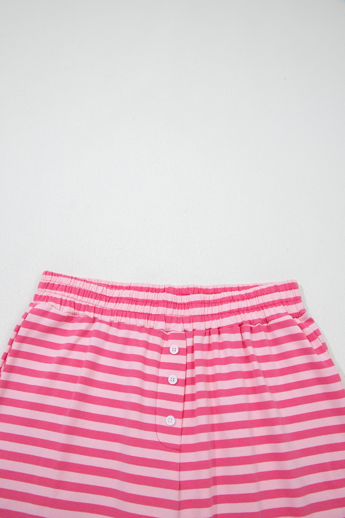 Pink stripe two-piece set with drop shoulder round neck top and buttoned straight pants from Dear-Lover, made of cotton and elastane.