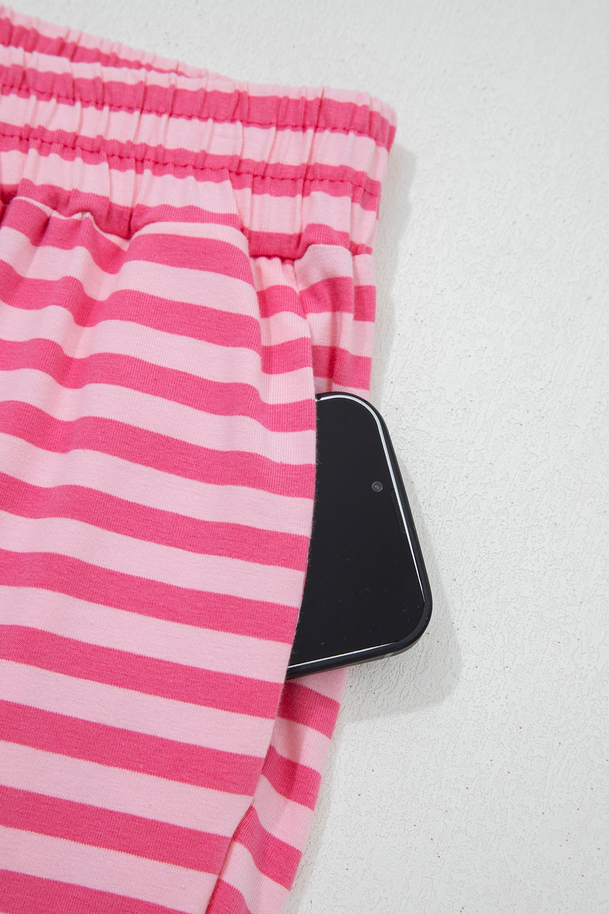 Pink stripe drop shoulder round neck top with buttoned straight pants, Dear-Lover two-piece set in cotton-elastane fabric.