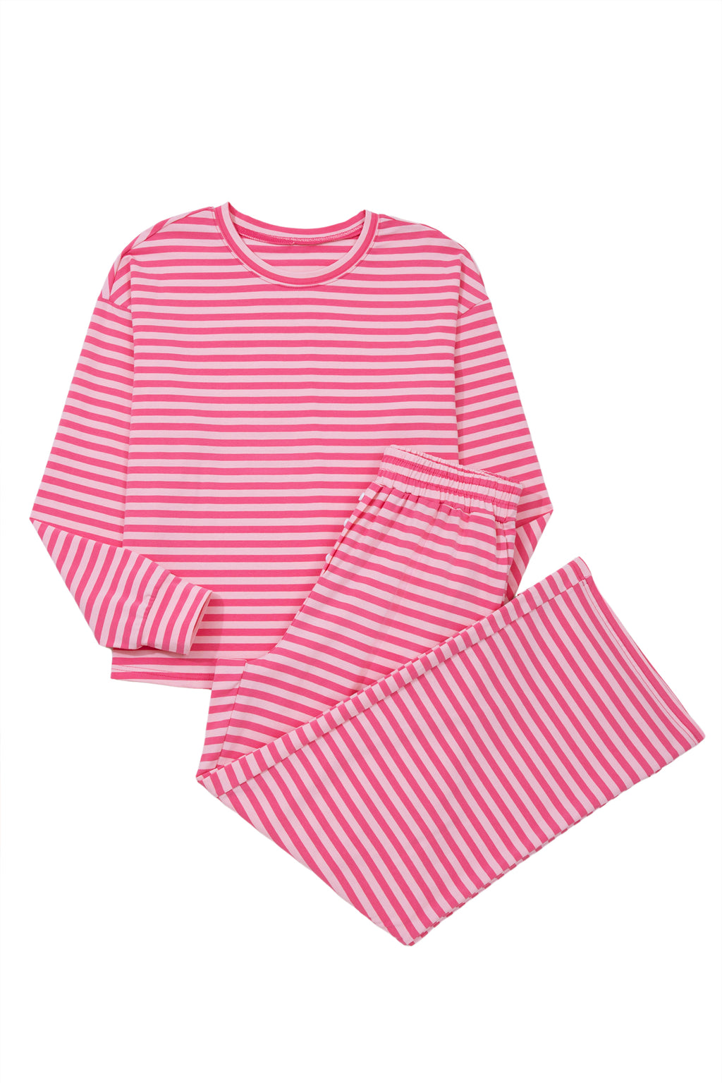 Pink stripe two-piece set with drop shoulder round neck top and buttoned straight pants, made of cotton and elastane, by Dear-Lover.
