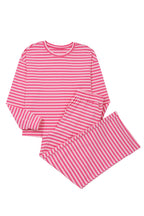 Pink stripe two-piece set with drop shoulder round neck top and buttoned straight pants, made of cotton and elastane, by Dear-Lover.