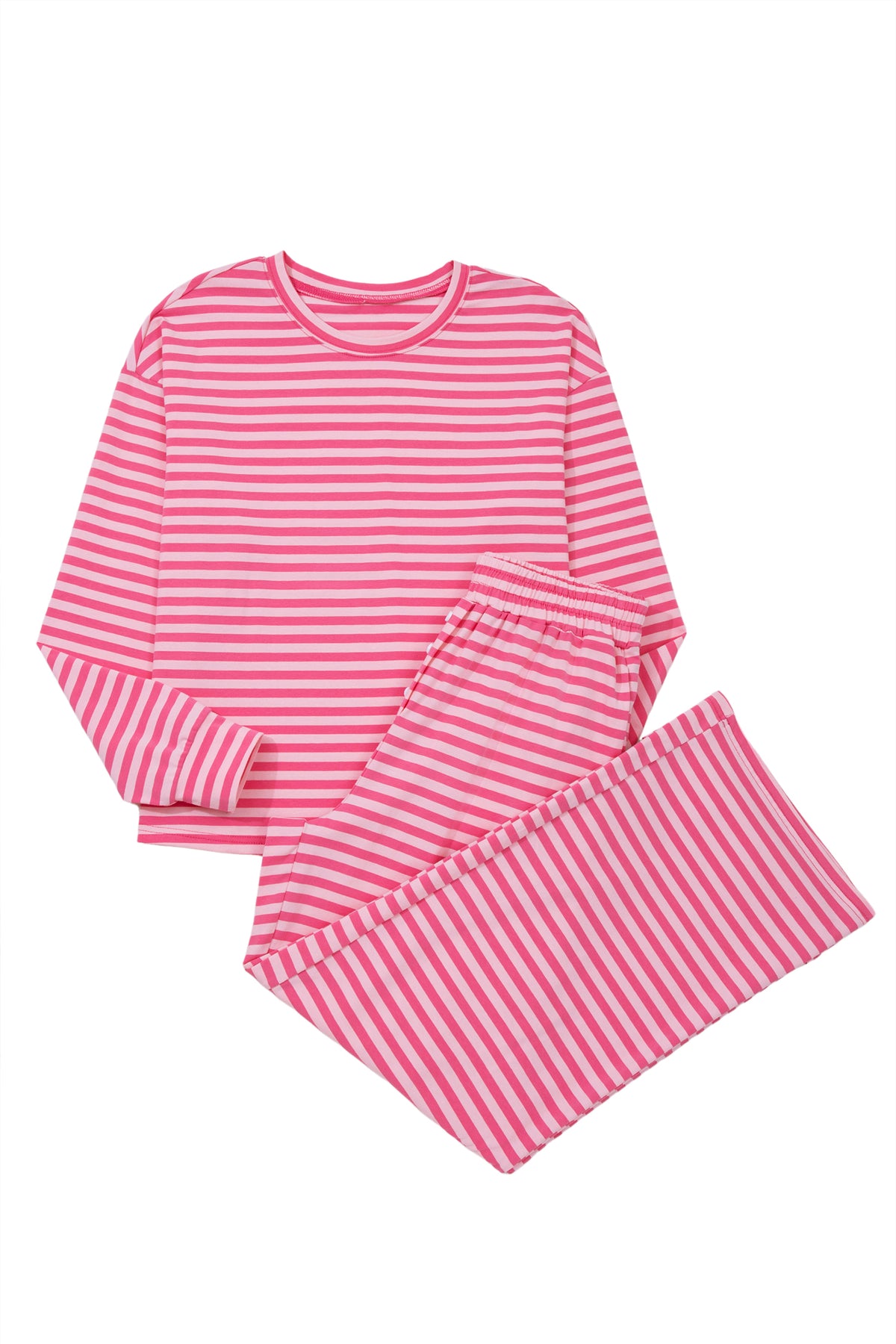 Pink stripe two-piece set with drop shoulder round neck top and buttoned straight pants, made of cotton and elastane, by Dear-Lover.