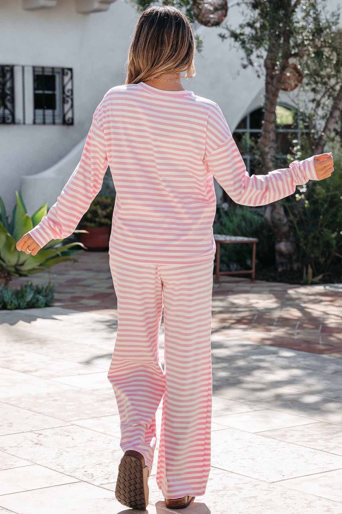 Pink stripe two-piece set with drop shoulder round neck top and buttoned straight pants, by Dear-Lover Dropshipping.
