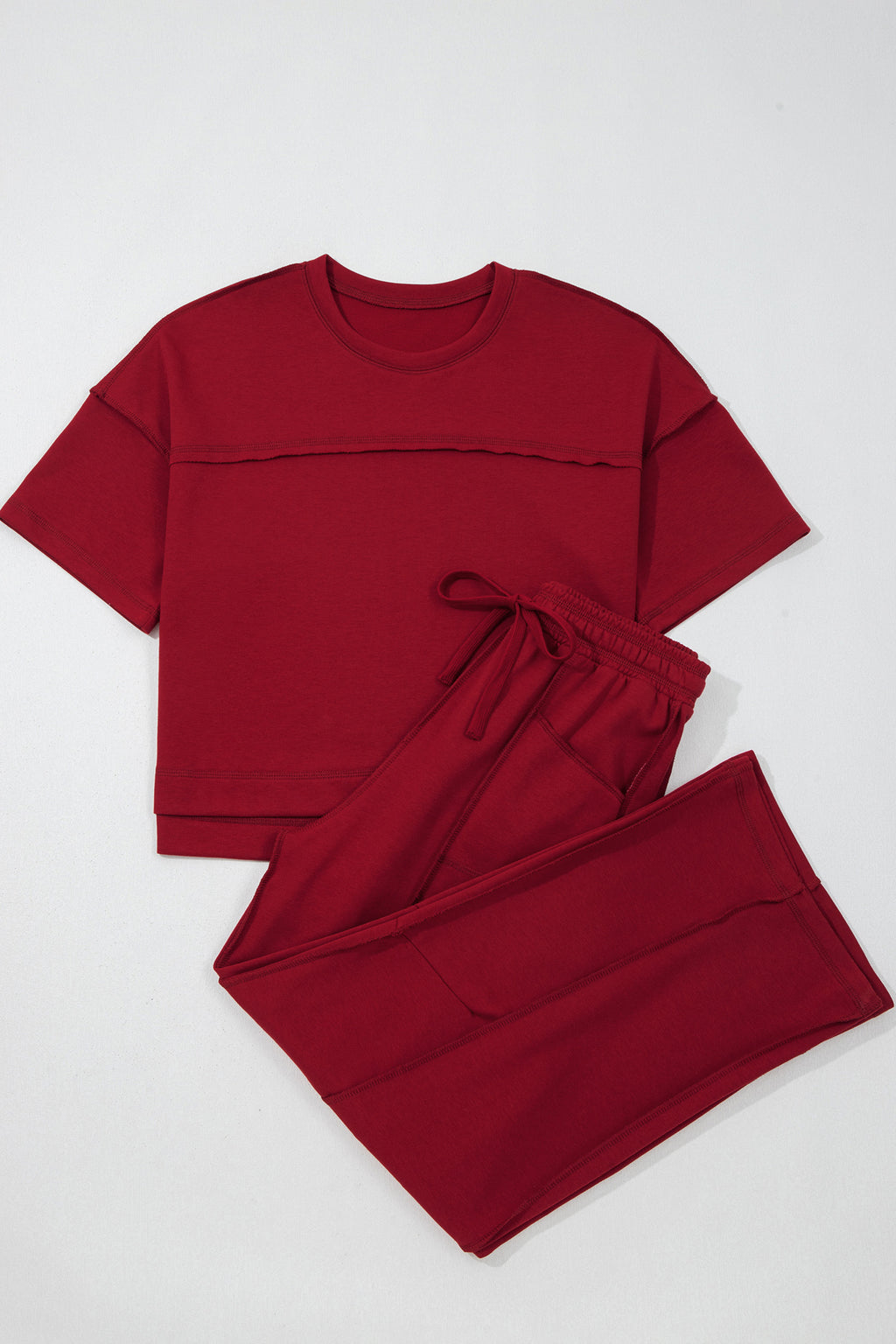 Racing Red Drop Shoulder Boxy Tee and Barrel Pants Set by Dear-Lover, stylish two-piece polyester-cotton casual outfit.