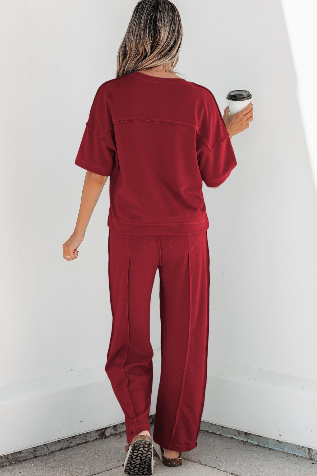 Racing Red Drop Shoulder Boxy Tee and Barrel Pants Set by Dear-Lover, stylish two-piece polyester-cotton casual outfit.