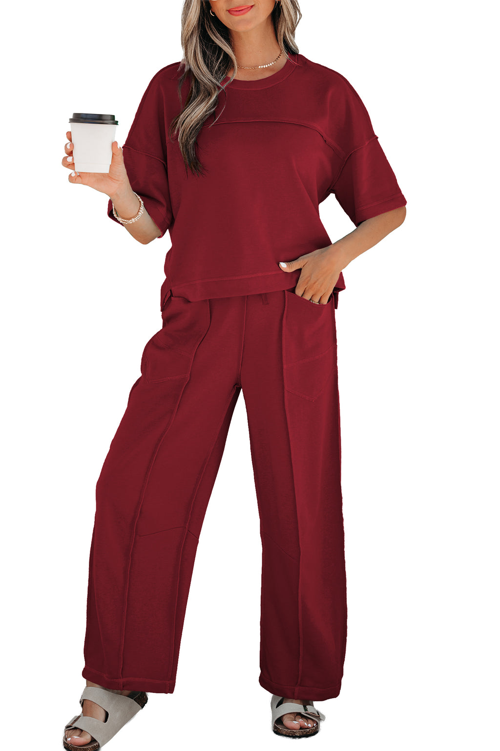 Racing Red Drop Shoulder Boxy Tee and Barrel Pants Set by Dear-Lover, stylish two-piece polyester cotton casual outfit.
