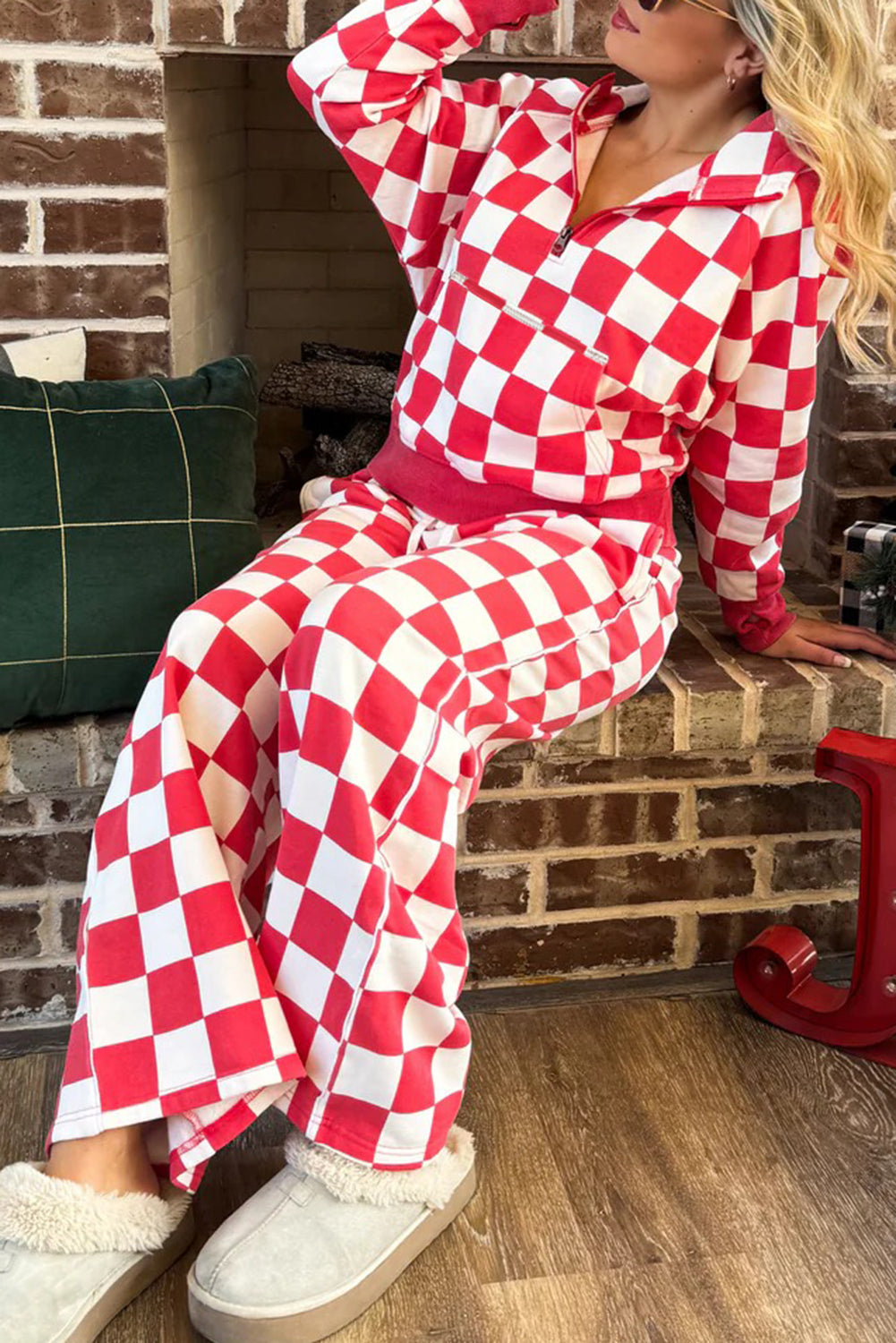 Red checkered print half-zip hoodie and loose pant set by Dear-Lover, casual two-piece outfit in polyester fabric.