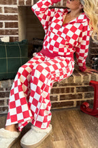 Red checkered print half-zip hoodie and loose pant set by Dear-Lover, casual two-piece outfit in polyester fabric.