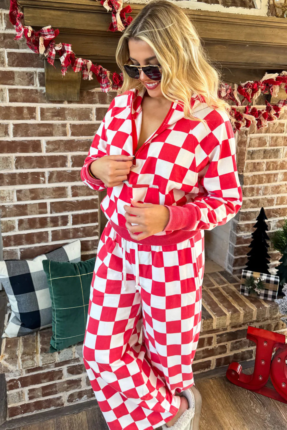 Red checkered print half zip hoodie and loose pant set by Dear-Lover, made of polyester, casual two-piece outfit.