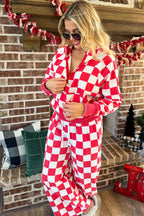 Red checkered print half zip hoodie and loose pant set by Dear-Lover, made of polyester, casual two-piece outfit.