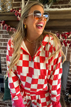 Red checkered print half-zip hoodie and loose pants set by Dear-Lover, stylish two-piece casual outfit for women.