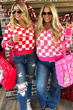 Red checkered print half-zip hoodie and loose pants set by Dear-Lover, casual two-piece outfit with polyester fabric.