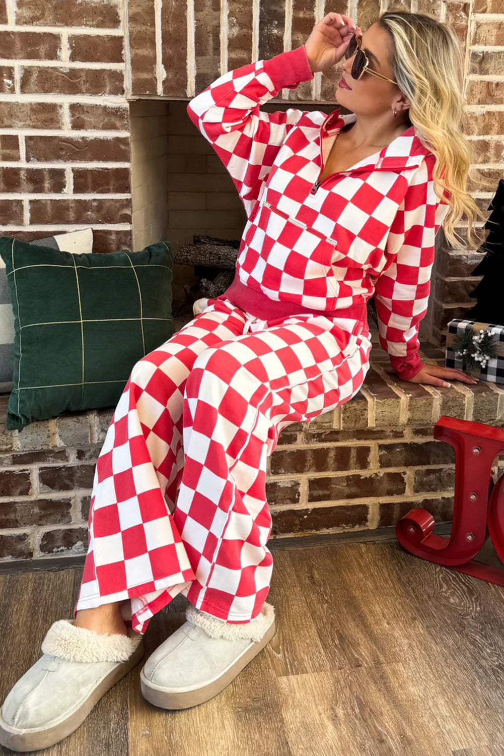 Red checkered print half-zip hoodie and loose pant set by Dear-Lover Dropshipping, casual two-piece clothing for everyday wear.