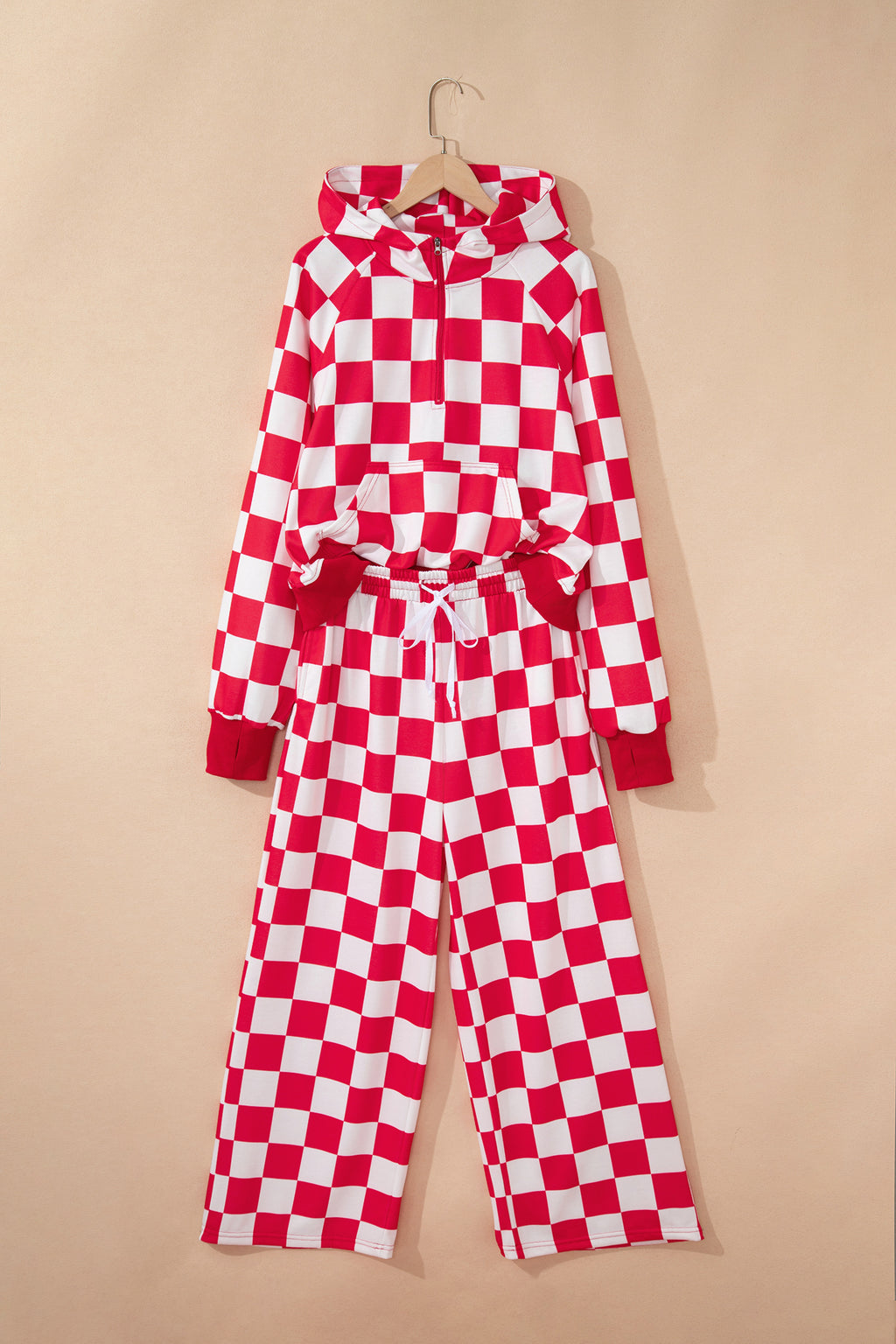 Red checkered print half-zip hoodie and loose pants set from Dear-Lover, stylish two-piece casual outfit for women.