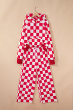 Red checkered print half-zip hoodie and loose pants set from Dear-Lover, stylish two-piece casual outfit for women.