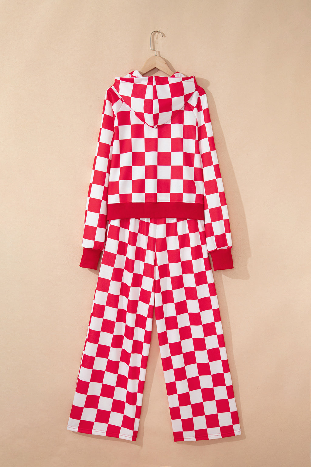 Red checkered print half-zip hoodie and loose pants set by Dear-Lover, stylish two-piece casual wear for women.