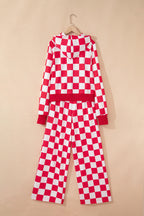 Red checkered print half-zip hoodie and loose pants set by Dear-Lover, stylish two-piece casual wear for women.