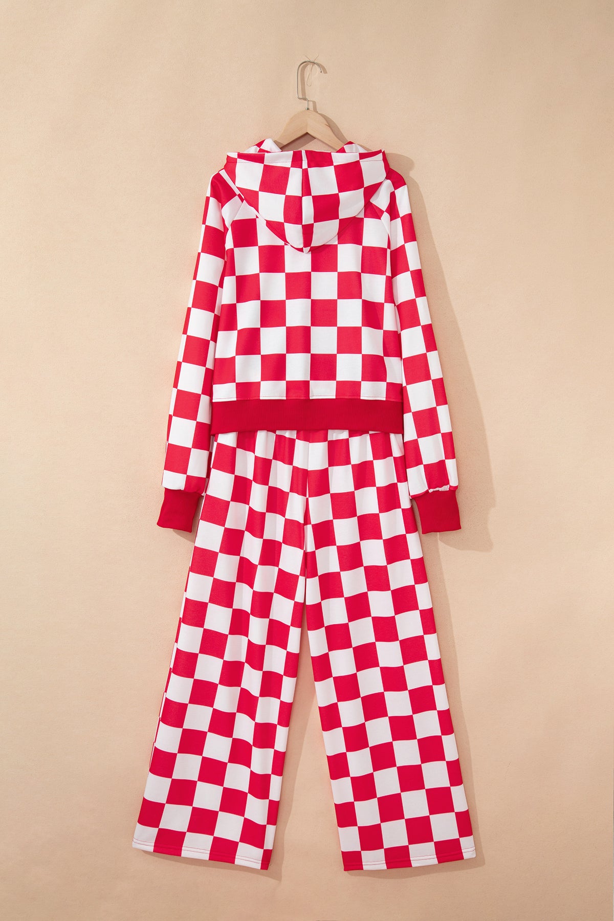 Red checkered print half-zip hoodie and loose pants set by Dear-Lover, stylish two-piece casual wear for women.
