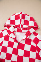 Red checkered print half-zip hoodie and loose pant set from Dear-Lover, made of lightweight polyester, casual two-piece outfit.