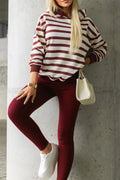 Red stripe pullover hoodie and ribbed solid pants set by Dear-Lover, casual two-piece outfit for comfortable style.