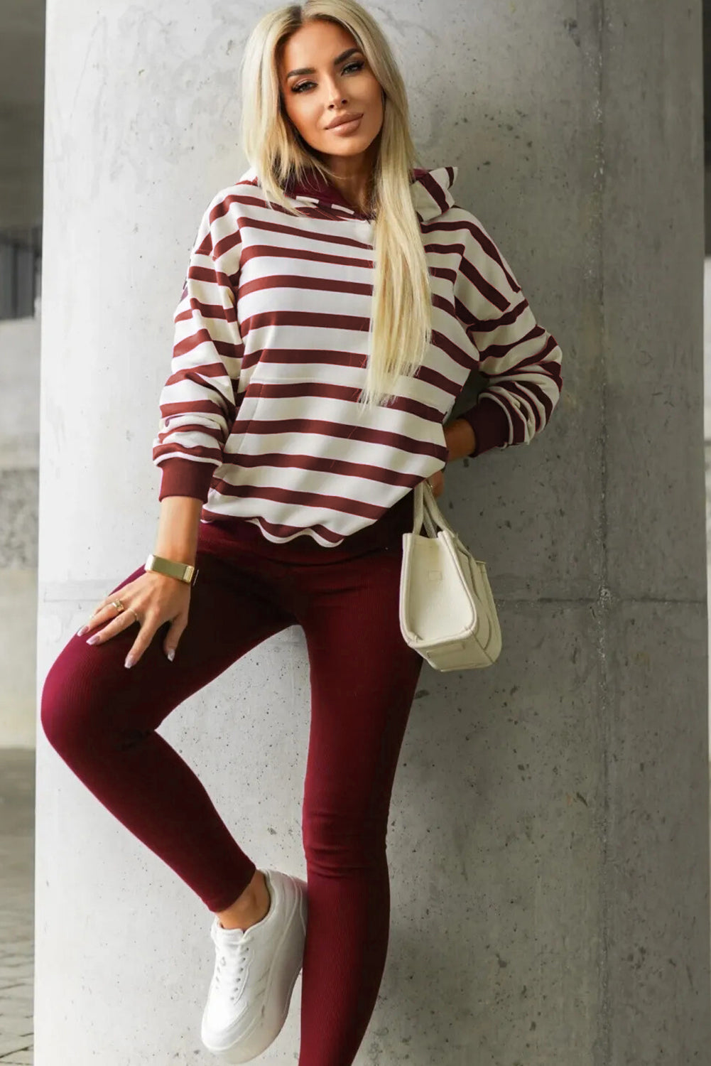 Red stripe pullover hoodie and ribbed solid pants 2-piece set by Dear-Lover, casual outfit with polyester fabric.