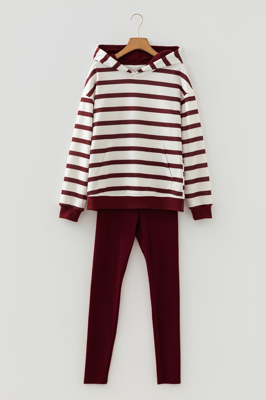 Red stripe pullover hoodie and ribbed solid pants set by Dear-Lover, casual two-piece outfit for comfortable style.
